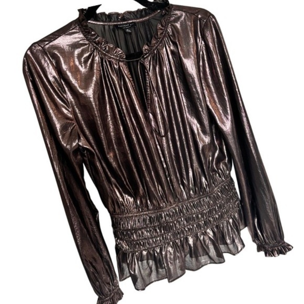 Anthropologie Current Air Metallic Peplum Blouse Rose Gold Long Sleeve Top M - Picture 2 of 8